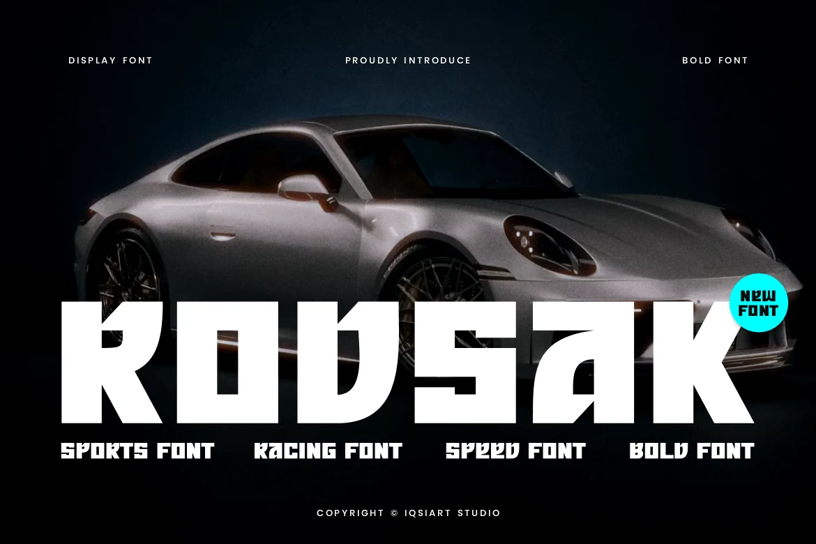 Rodsak Font in a heavy geometric sans-serif style with sharp diagonal cuts and thick uniform strokes.