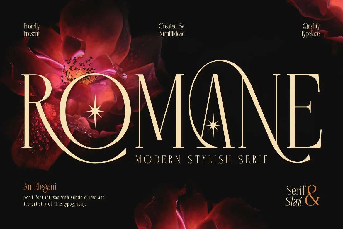 Romane Font featuring a high-contrast serif design with sweeping swashes, sharp serifs, and star-shaped ornaments.