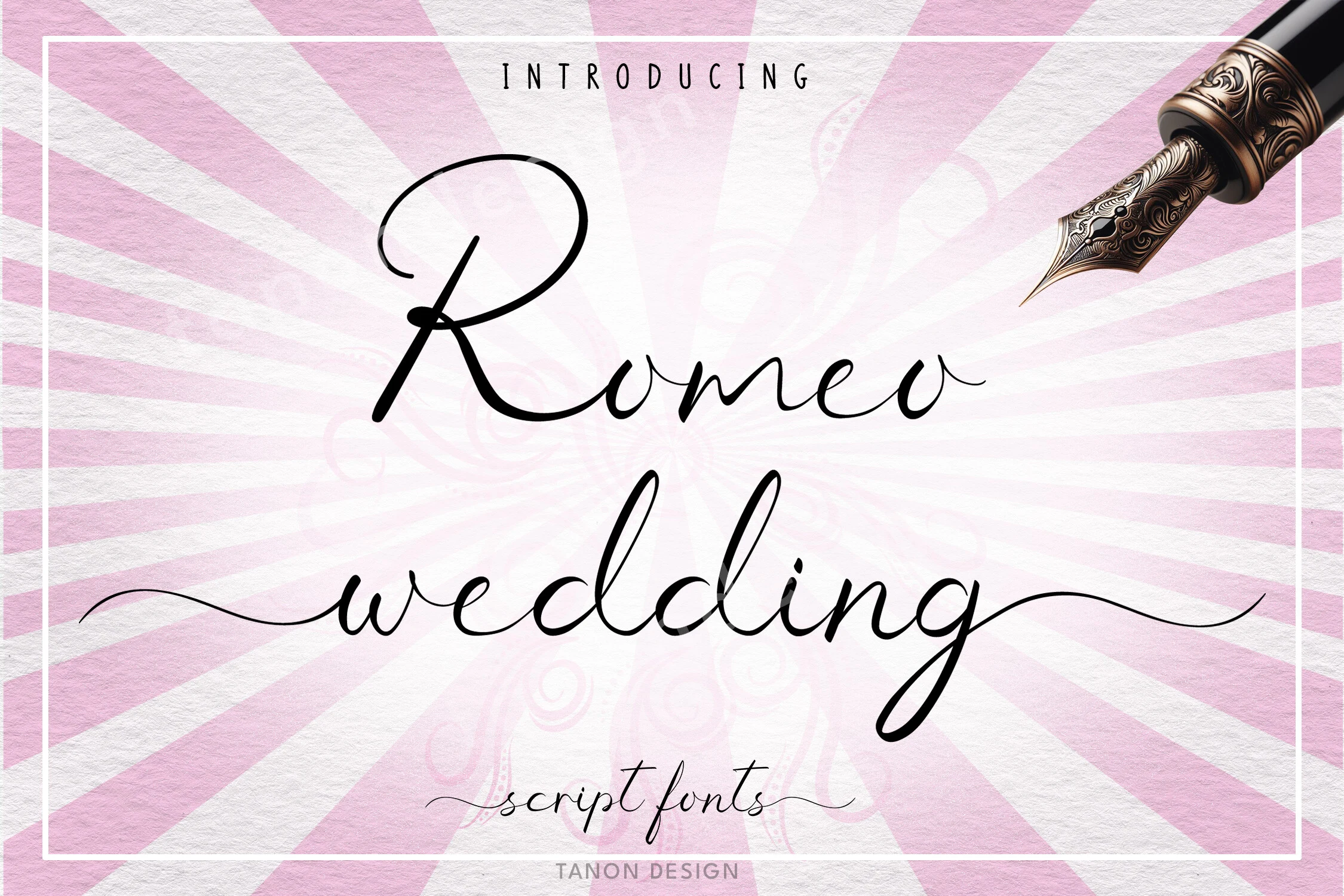 Romeo Wedding Font featuring connected flowing letterforms, high stroke contrast, and extended decorative flourishes.