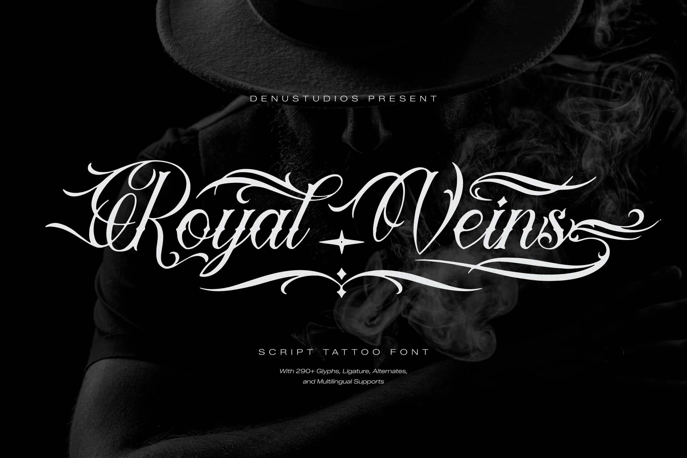 Royal Veins Font in an ornate, high-contrast calligraphic script with connected letters and sweeping swashes.