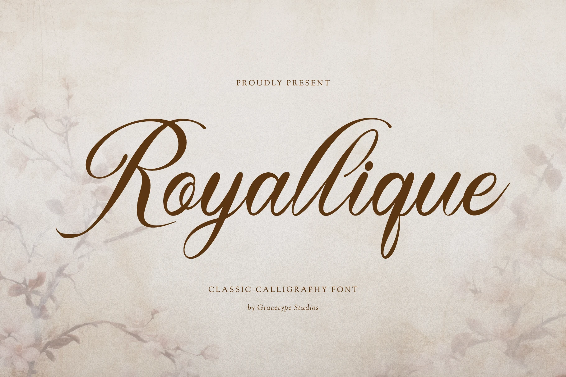 Royallique Font featuring connected high-contrast calligraphic letters, a pronounced rightward slant, and decorative terminal swashes.