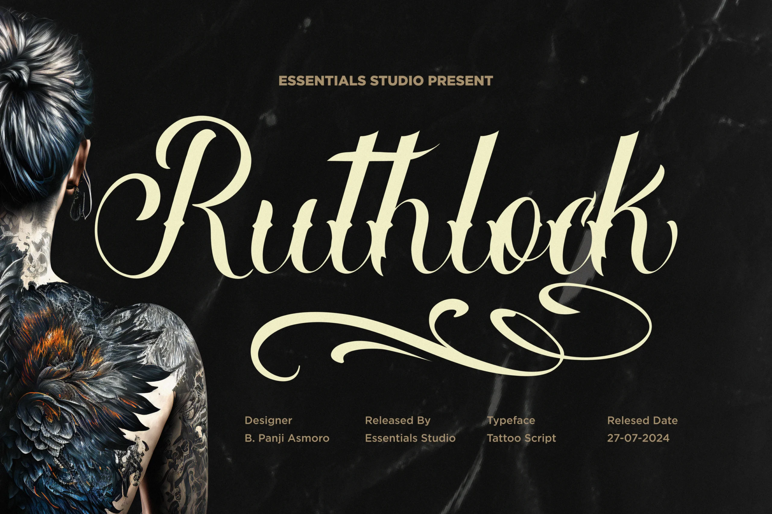 Ruthlock Font featuring an ornate, high-contrast calligraphic script with connected letterforms and elaborate terminal flourishes.