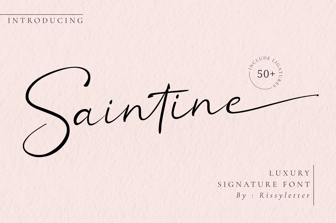 Saintine Font featuring connected cursive letterforms, fluid rounded curves, and a horizontal terminal flourish.