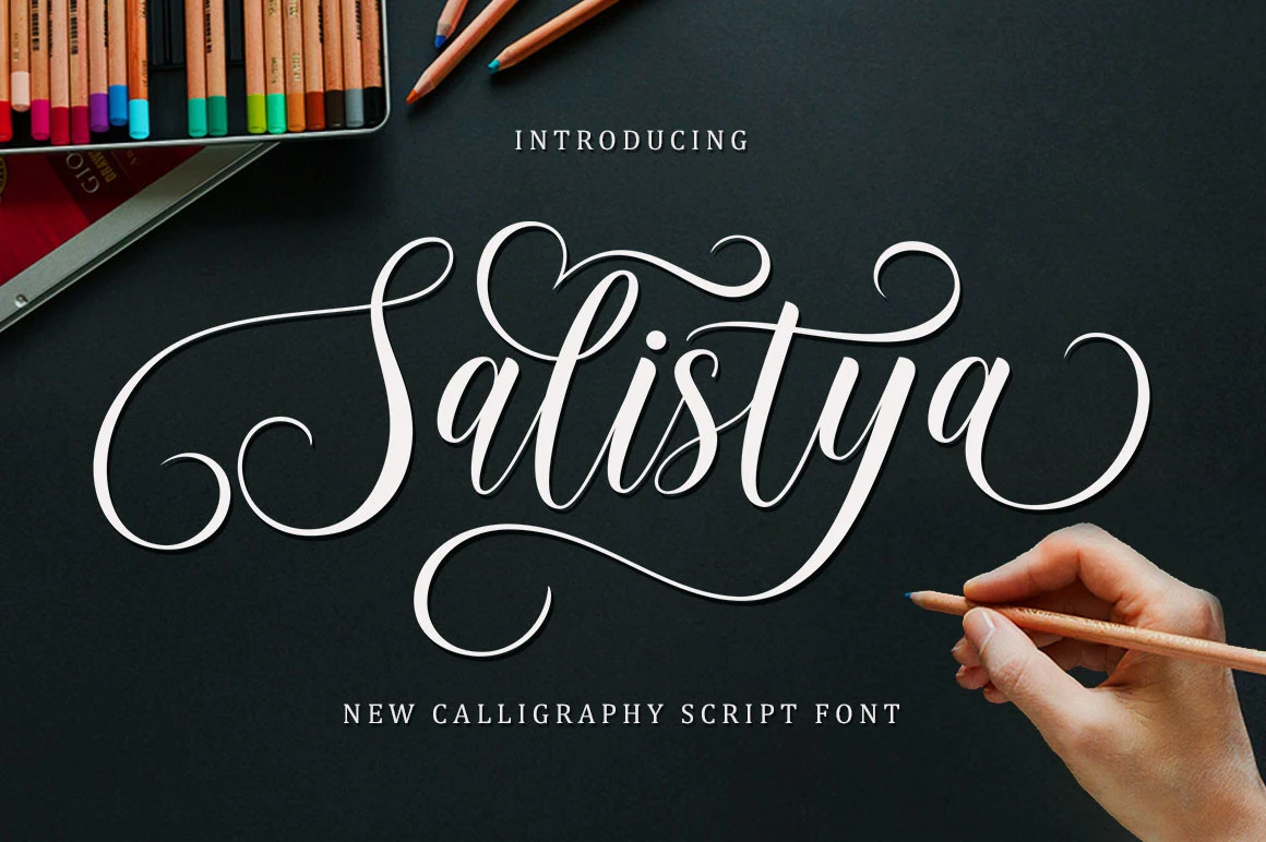 Salistya Font features connected calligraphic lettering with dramatic swashes, high stroke contrast, and a pronounced rightward slant.