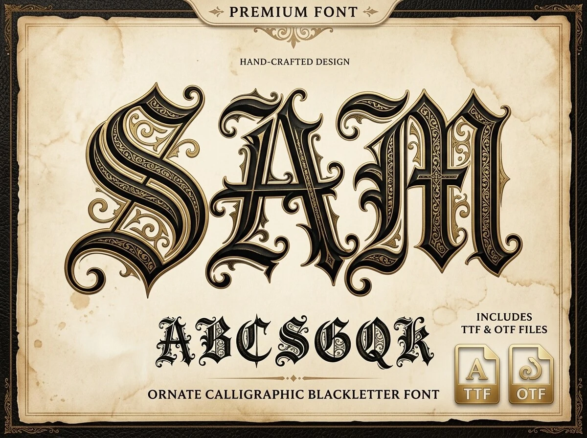 Sam Font, an ornate blackletter design with sharp pointed serifs, sweeping flourishes, and intricate internal filigree.
