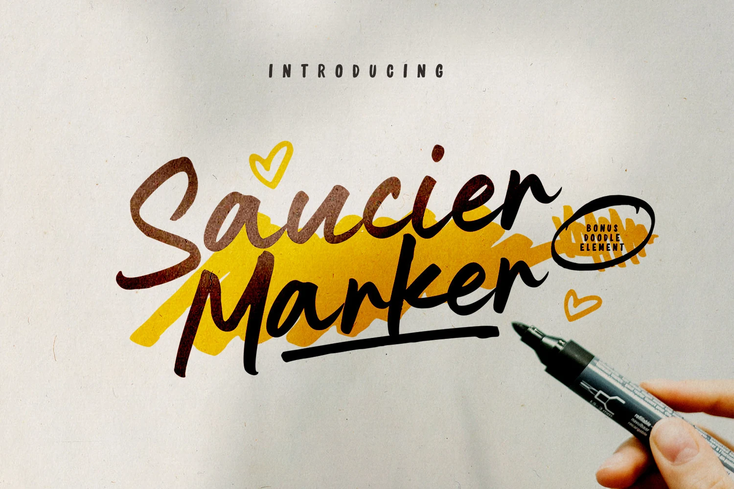 Saucier Marker Font features an upright connected script with textured marker strokes and irregular terminal endings.