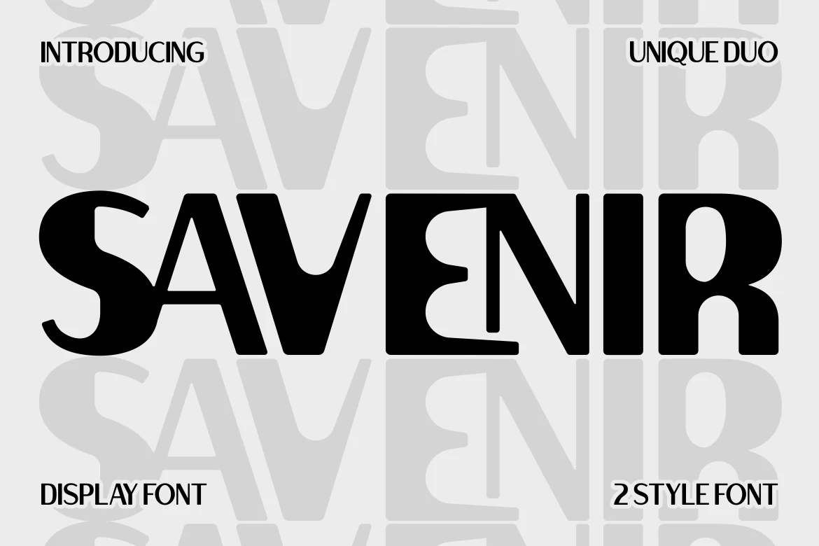 Savenir Font features bold, wide geometric letterforms with stylized cuts and interlocking negative space.