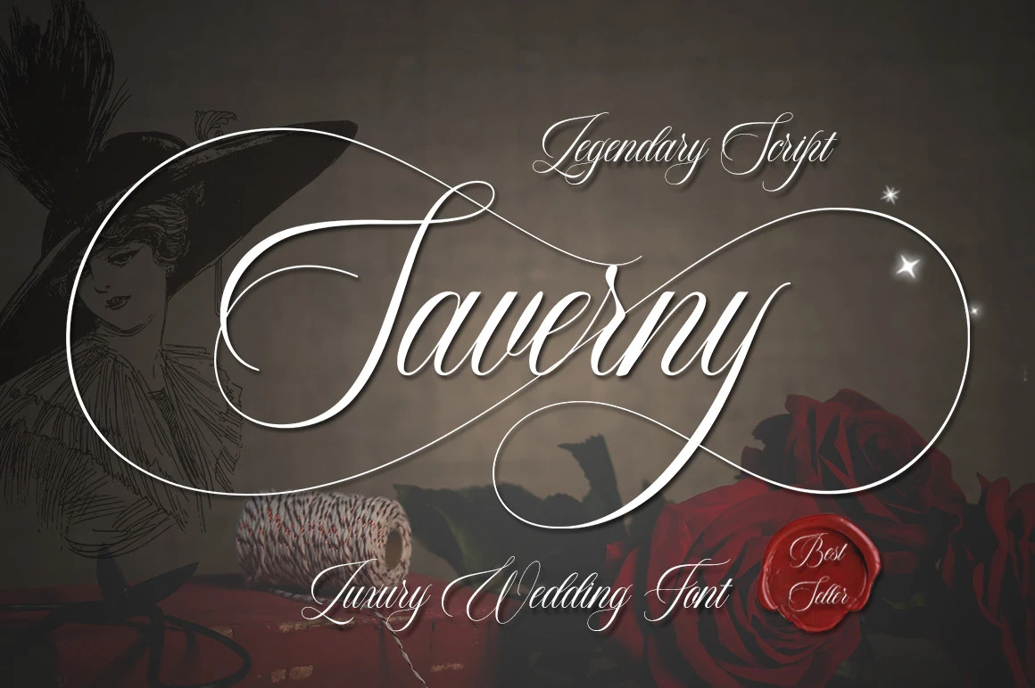 Saverny Font is a decorative calligraphic script with high-contrast strokes, connected letterforms, and sweeping ornamental swashes.