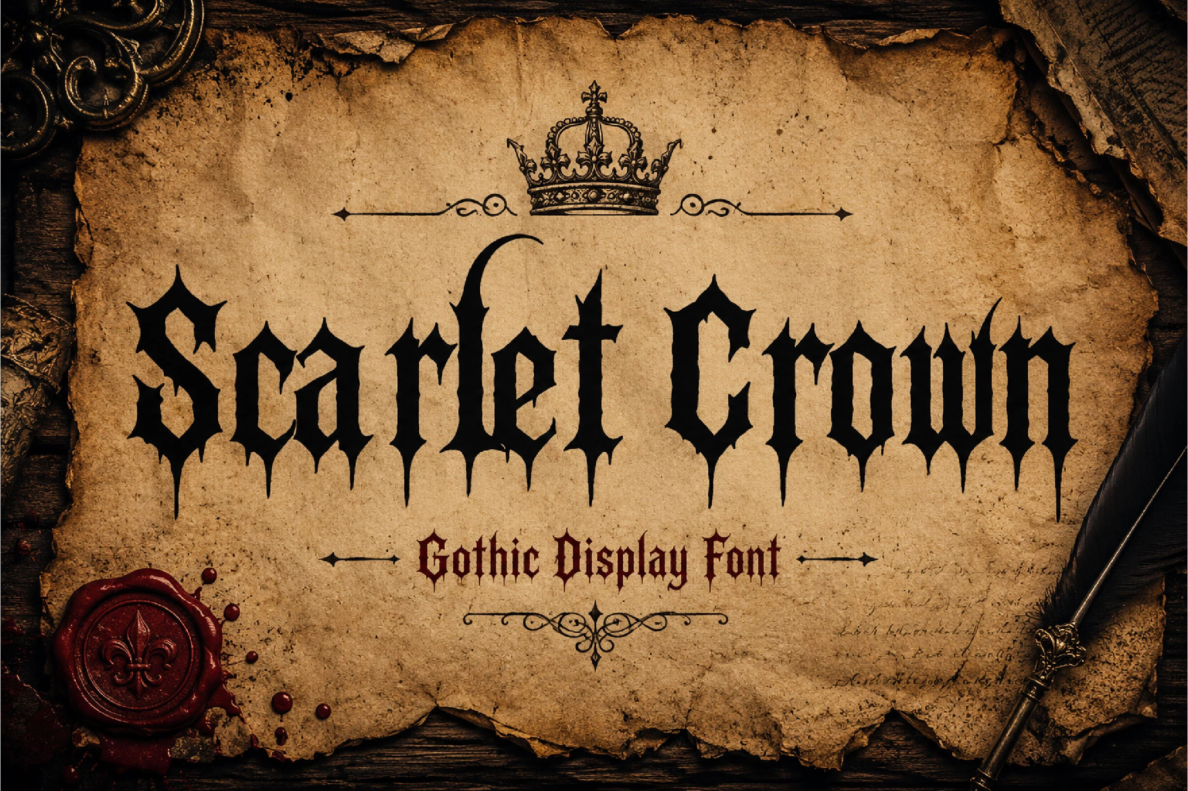 Scarlet Crown Font in a sharp, jagged blackletter style with high-contrast strokes and condensed vertical forms.