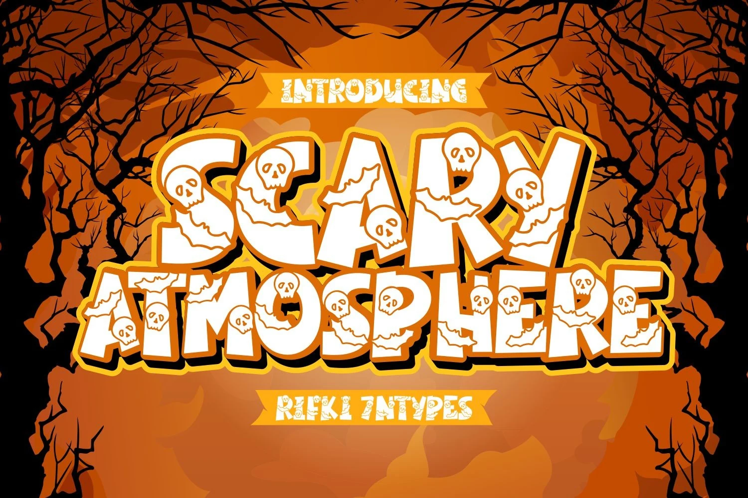 Scary Atmosphere Font with thick block letters, skull and bat motifs, and bold dimensional drop shadows.
