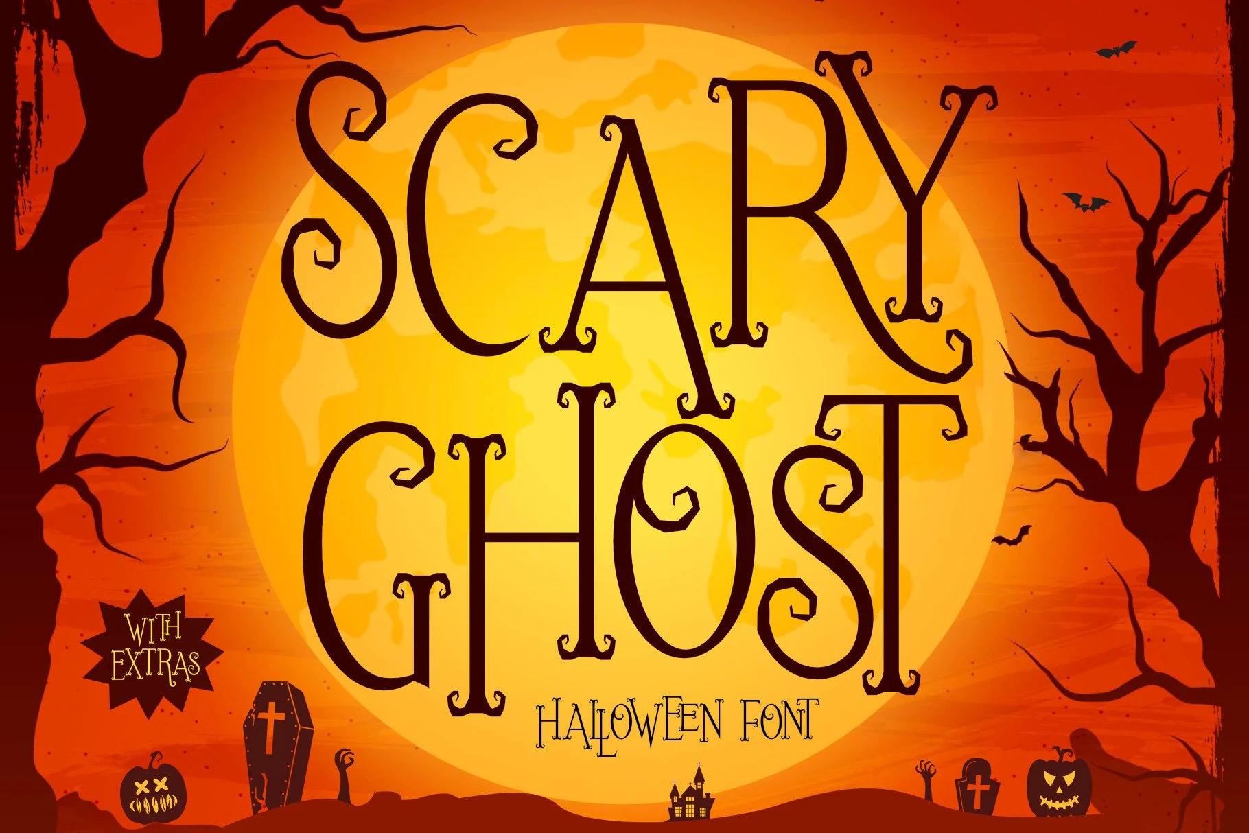 Scary Ghost Font features tall, narrow characters with sharp hook-like serifs and slightly irregular contours.