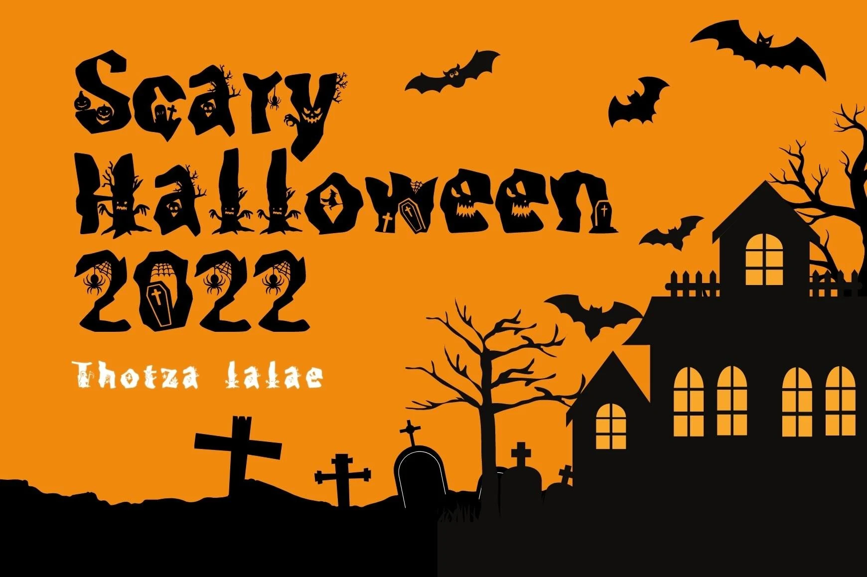 Scary Halloween 2022 Font features heavy, jagged letterforms with embedded Halloween silhouettes and uneven baselines.