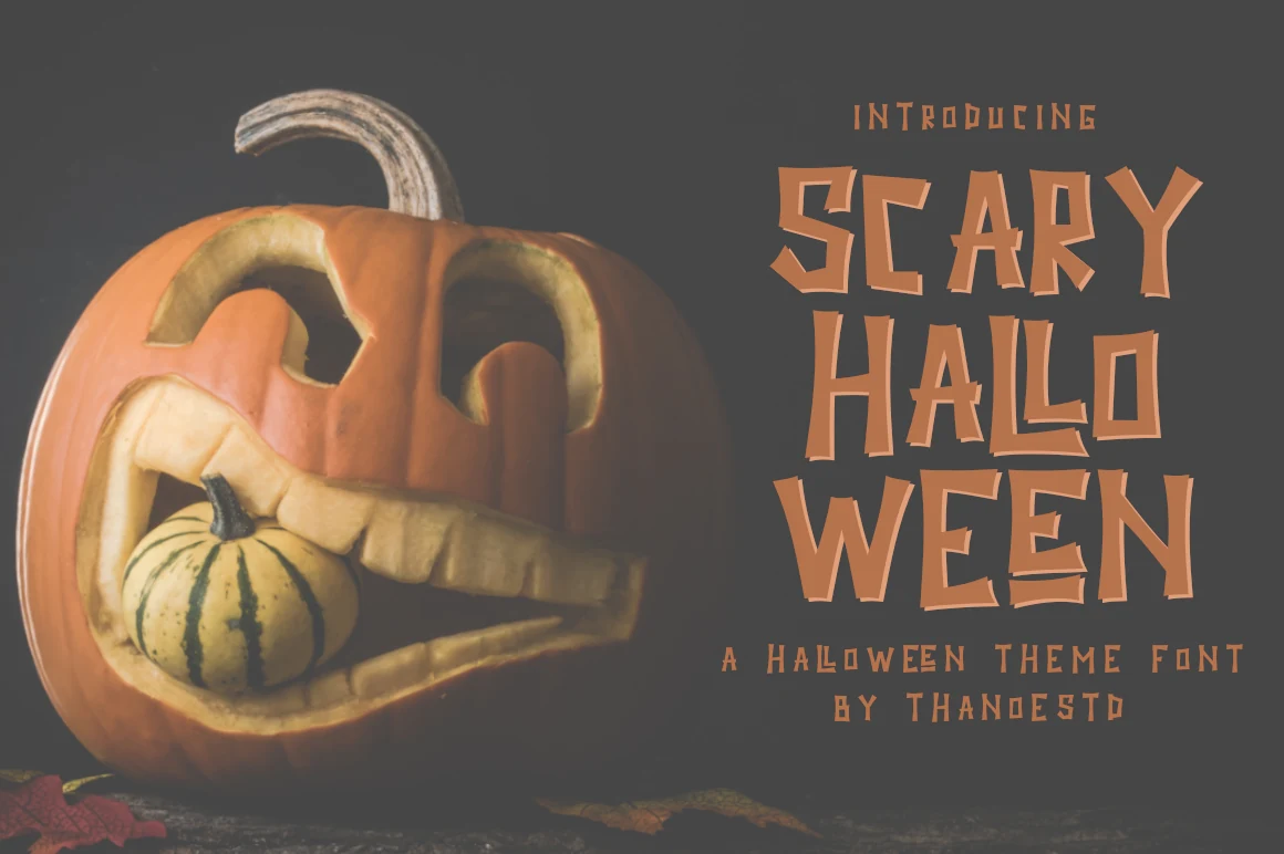 Scary Halloween Font with bold, jagged, distressed slab-like letterforms and irregular character placement.
