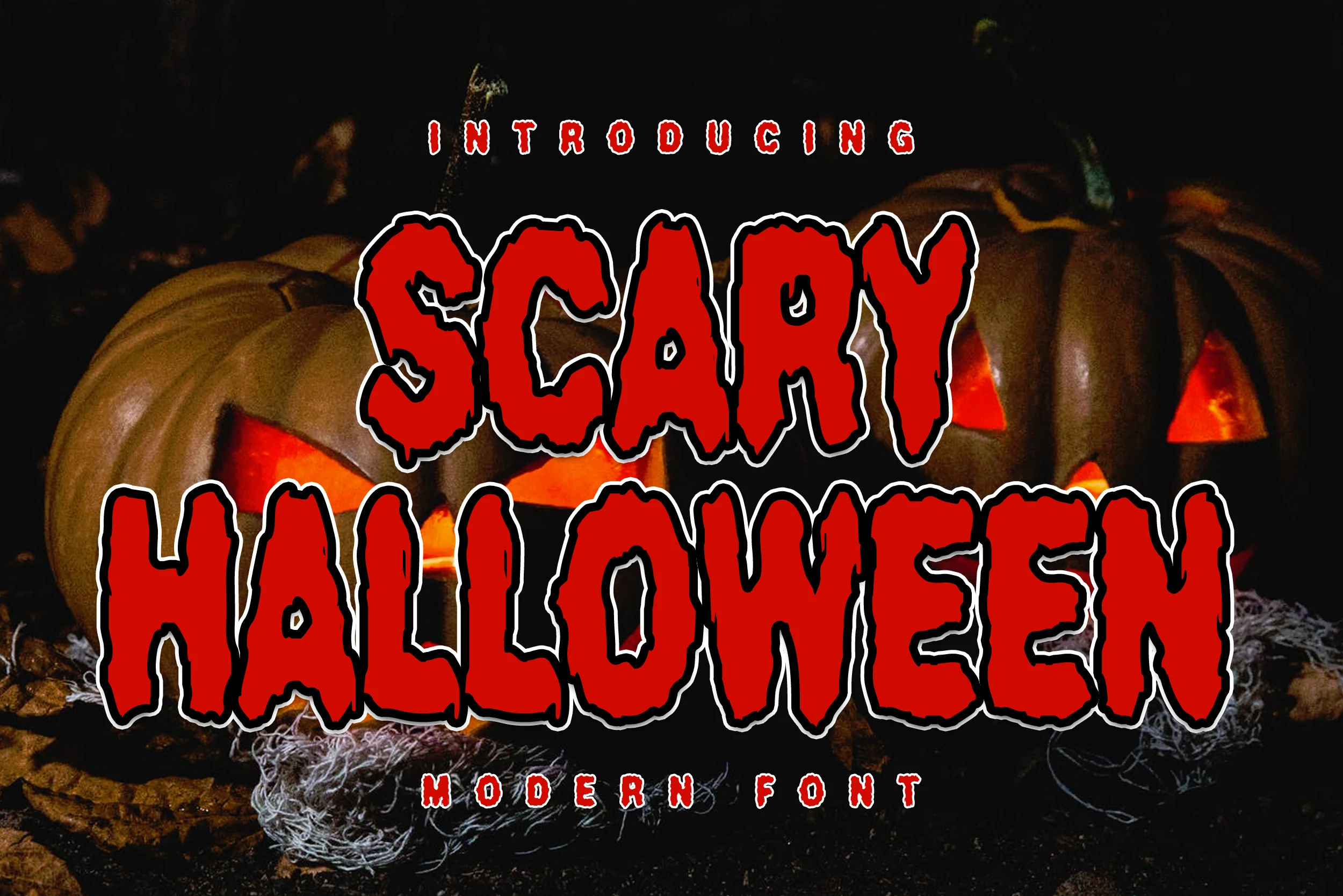 Scary Halloween Font with bold, upright all-caps letters, jagged dripping edges, and disconnected letterforms.