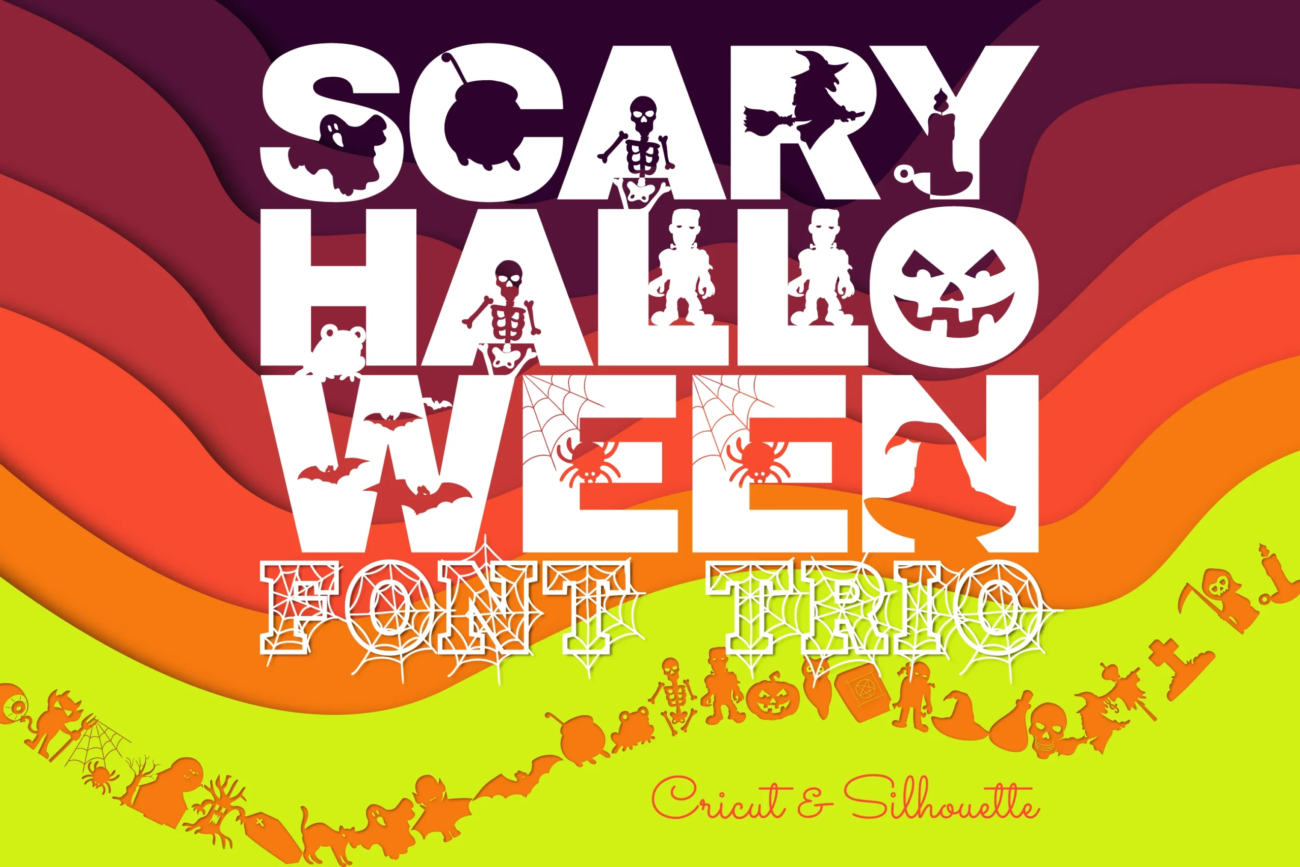 Scary Halloween Trio Font featuring heavy slab serif letters with cutouts, spiderweb-filled outlined forms, and flowing script.