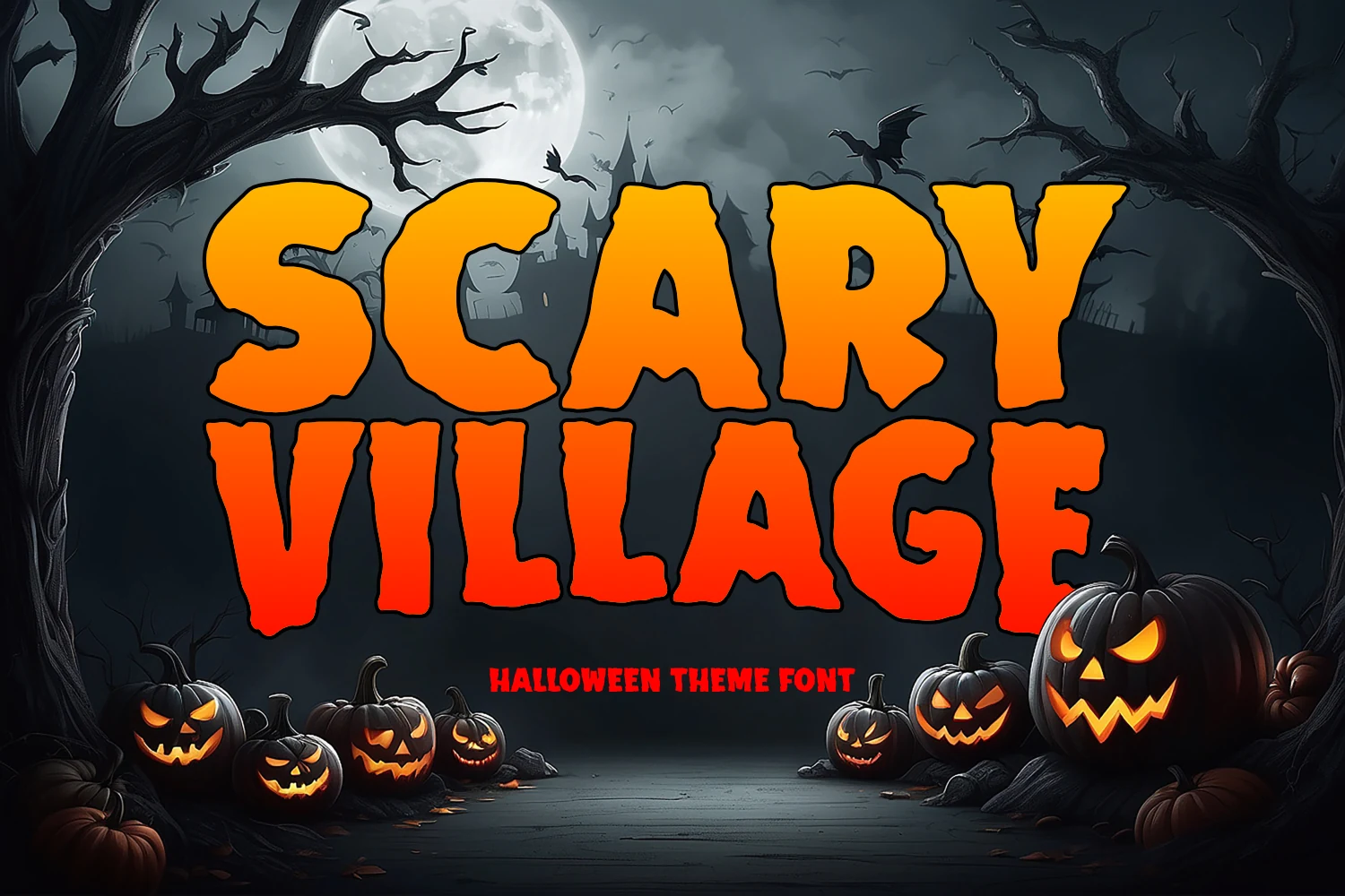 Scary Village Font featuring heavy block letters with jagged, distressed edges and uneven character heights.