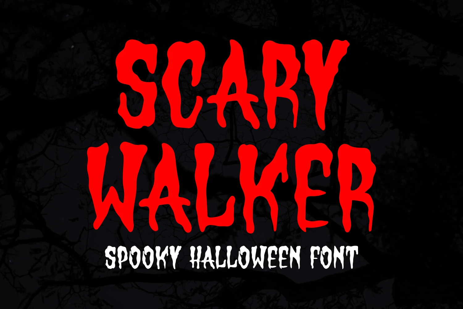 Scary Walker Font displays bold upright letters with irregular dripping terminals and uneven stroke thickness.