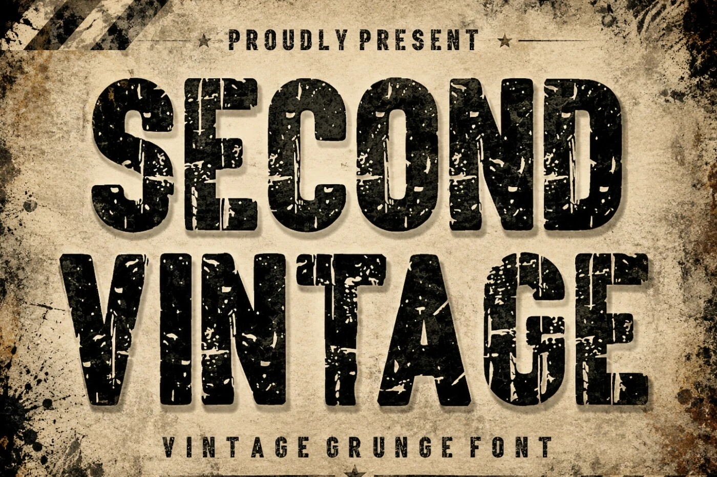 Second Vintage Font displayed with bold slab-serif letterforms, condensed proportions, and a heavily distressed surface.