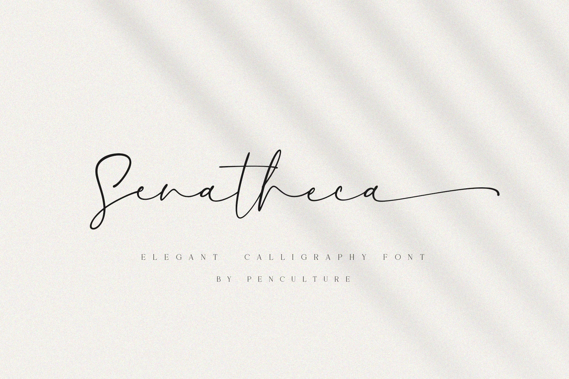 Senatheca Font displaying connected high-contrast calligraphy with a rightward slant and elongated terminal swash.