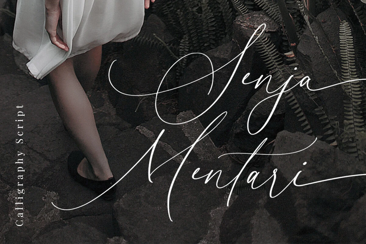 Senja Mentari Font showing connected, right-leaning calligraphy with high stroke contrast and sweeping flourishes.