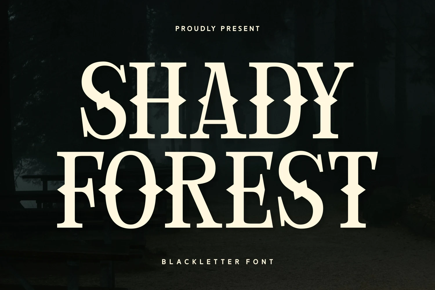 Shady Forest Font displayed in uppercase letters with high-contrast strokes, pointed diamond-shaped middle bars, and sharp spurred terminals.