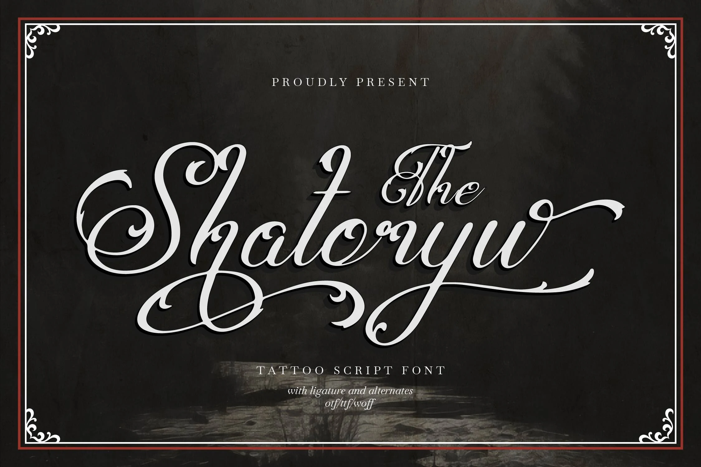 Shatoryu Font displayed in an ornate calligraphic script with connected flowing letters, high stroke contrast, and decorative swashes.