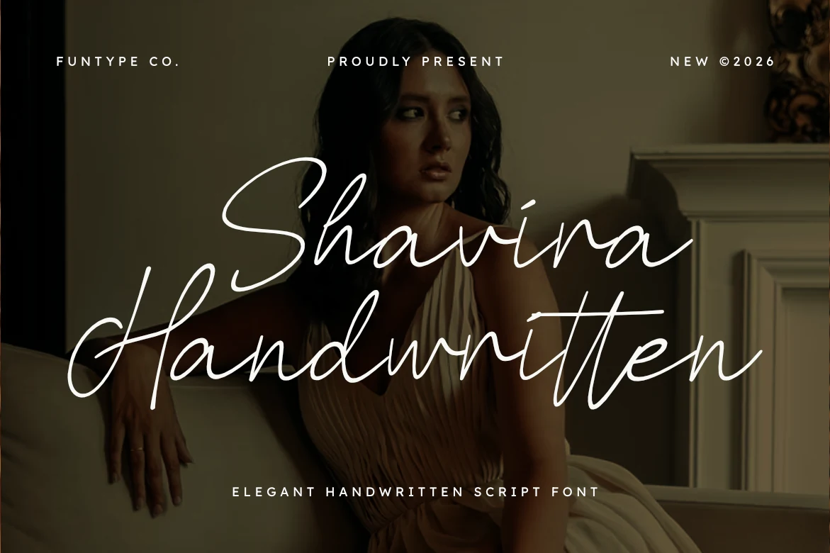 Shavira Handwritten Font with graceful connected cursive letters, a forward slant, and fluid rounded curves.