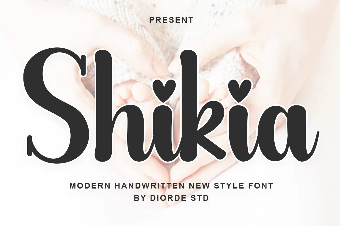 Shikia Font displayed in a heavy rounded script with detached letterforms, thick terminals, and heart-shaped dots on the letter i.