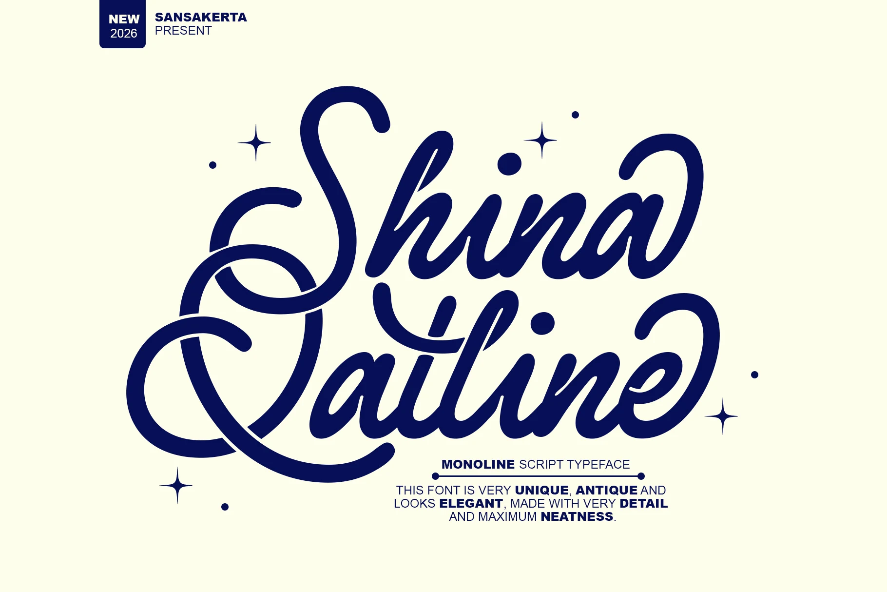 Shina Qatline Font preview showing a connected monoline script with right-leaning cursive letters, rounded curves, and decorative swashes.