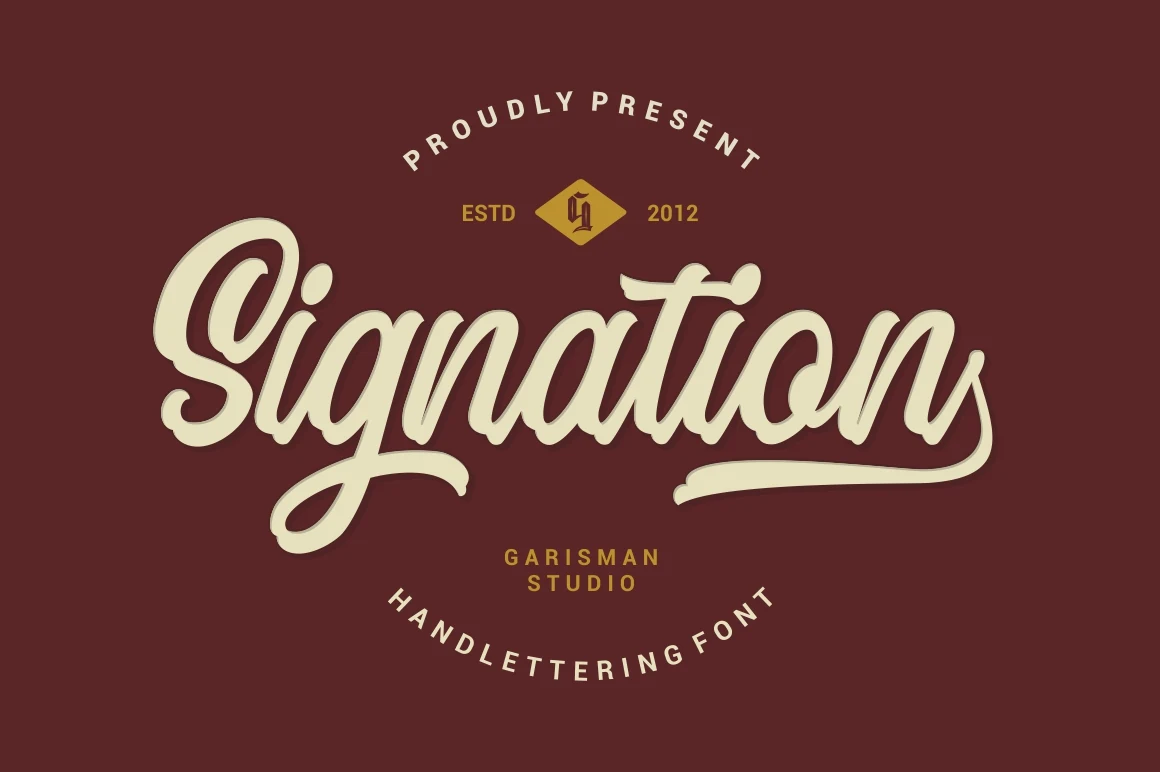 Signation Font showing bold connected cursive lettering with a strong rightward slant and sweeping decorative swashes.