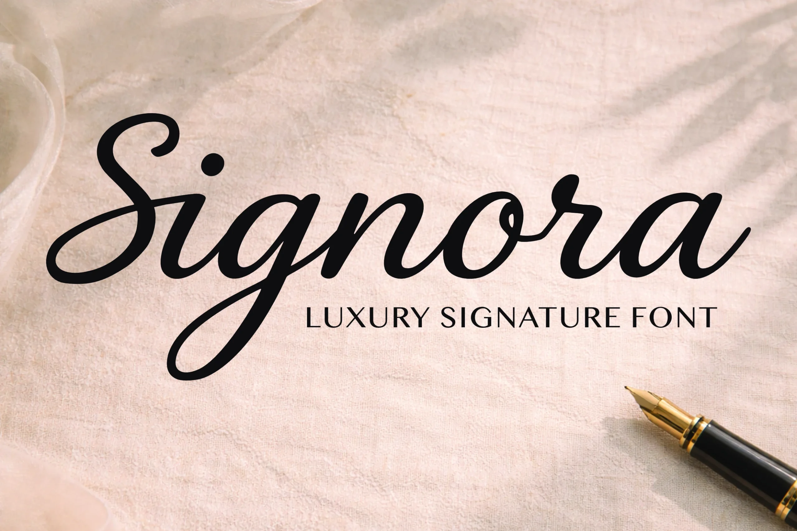 Signora Font showing flowing handwritten movement, connected letterforms, and refined slender strokes