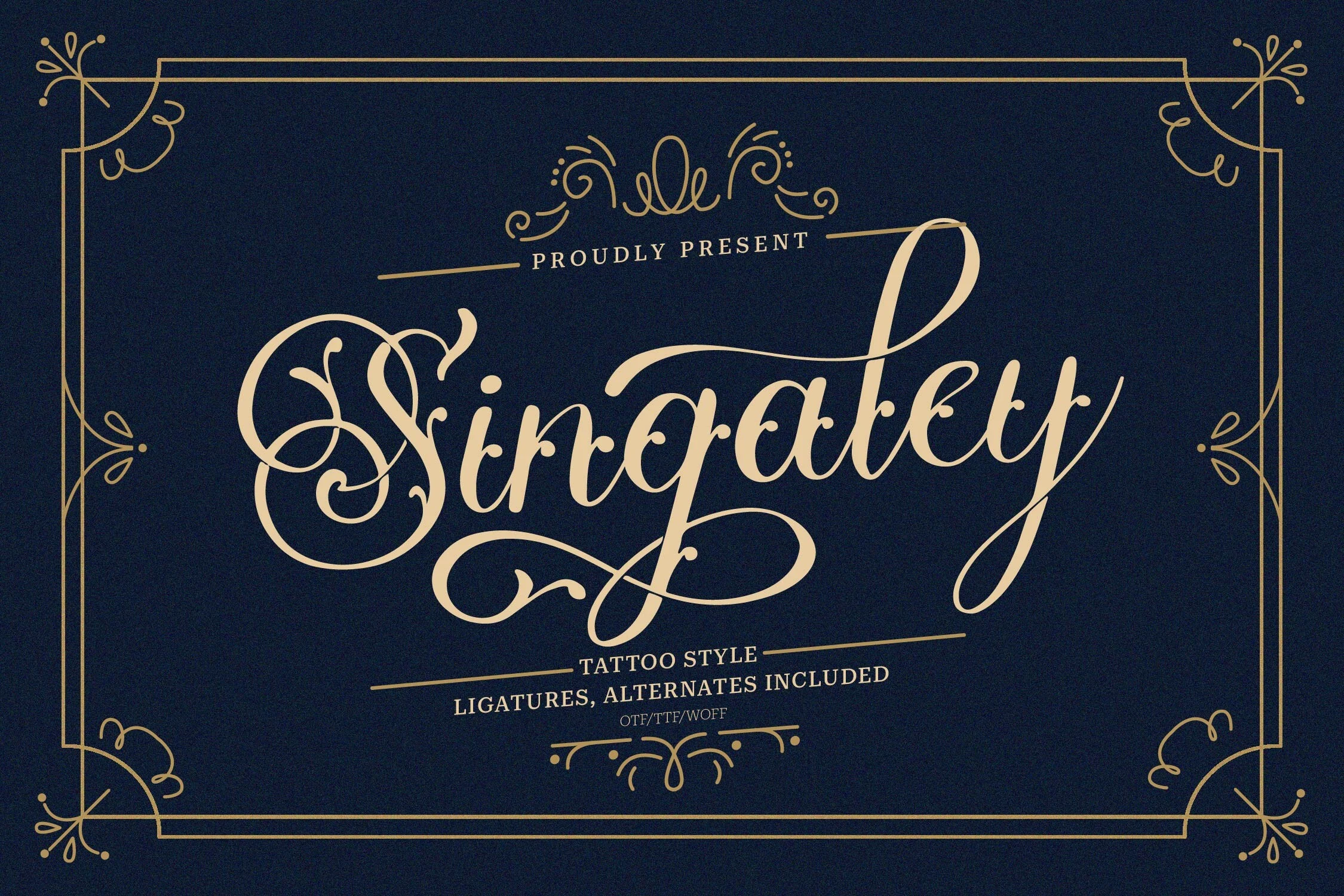 Singaley Font displaying ornate connected script lettering with high stroke contrast, decorative flourishes, and an inclined slant.