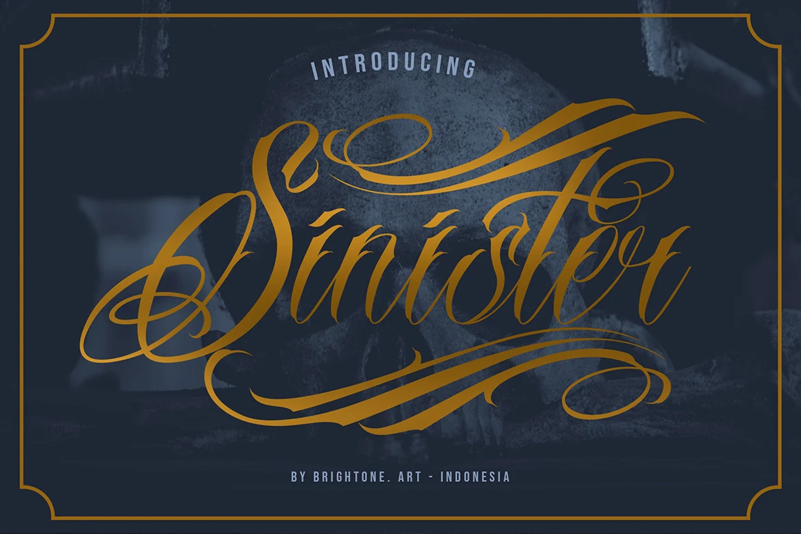Sinister Font displayed in a high-contrast connected calligraphic script with sweeping flourishes and a forward slant