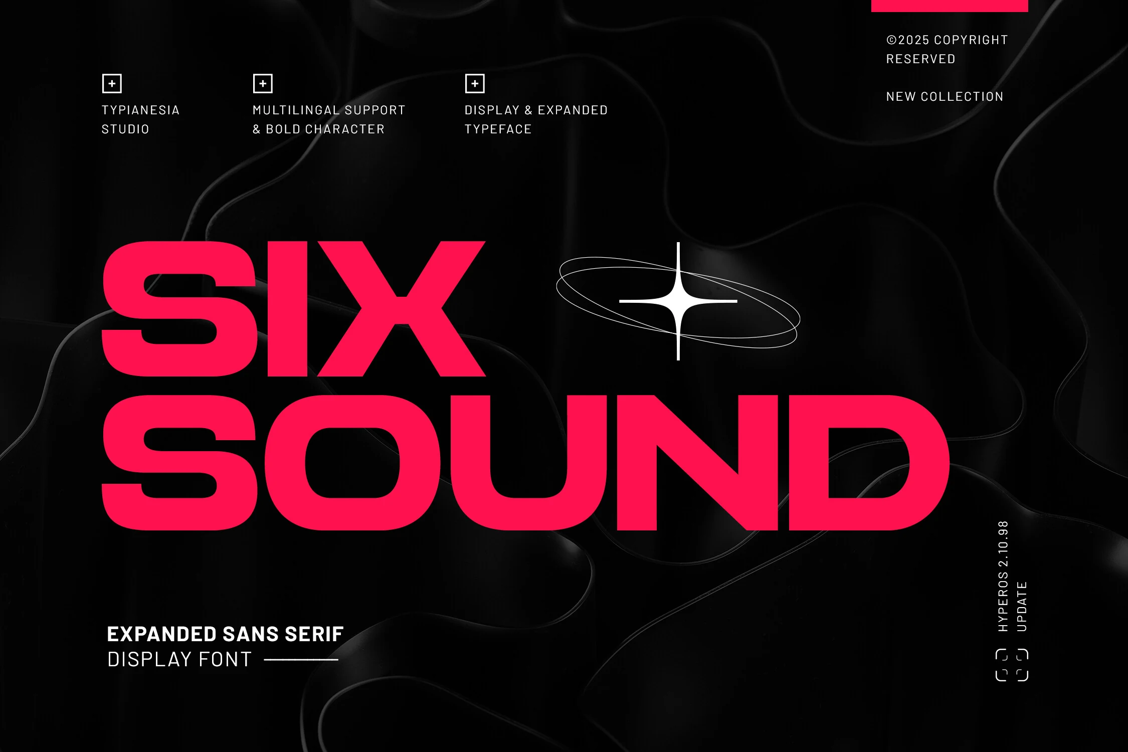 Six Sound Font features wide, heavy sans serif letterforms with rounded outer corners and angular geometric interiors.