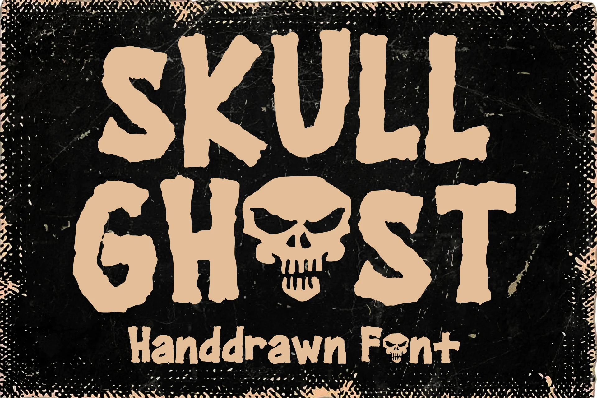 Skull Ghost Font text sample with heavy distressed uppercase lettering, jagged edges, and a skull replacing the letter O.
