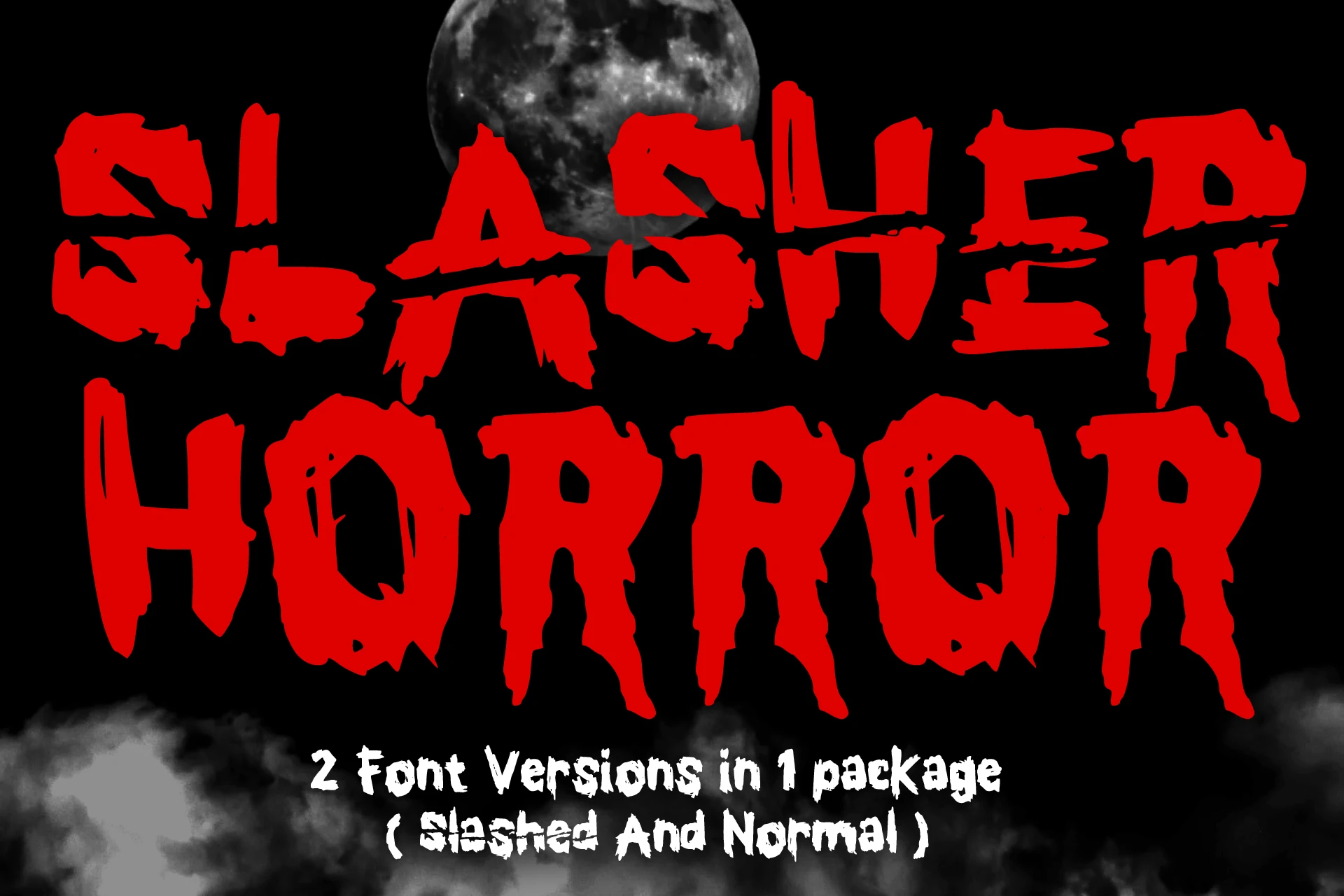 Slasher Horror Font with heavy distressed strokes, jagged edges, and horizontal slashes through the letterforms.