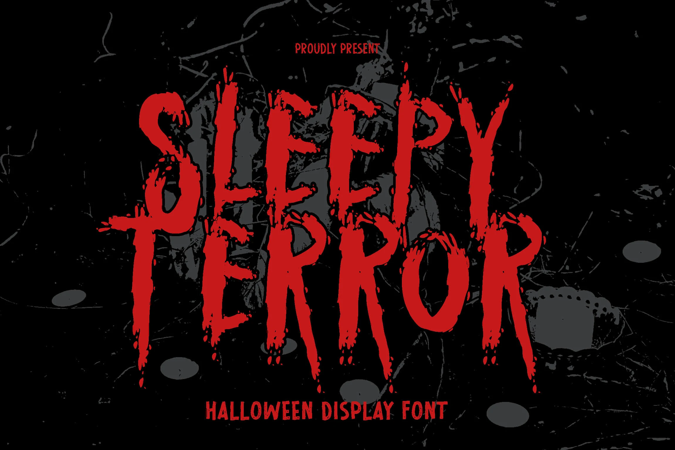 Sleepy Terror Font is a heavy display typeface with dripping textures, an irregular baseline, and jagged terminals.