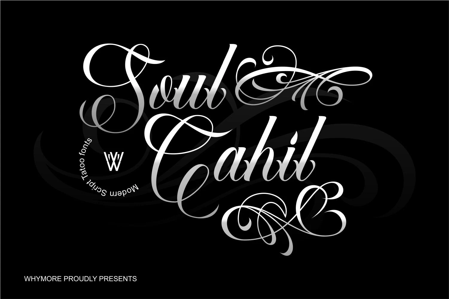 Soul Cahill Font is a high-contrast calligraphic script with interconnected letterforms, ornate flourishes, and elegant sweeping swashes.