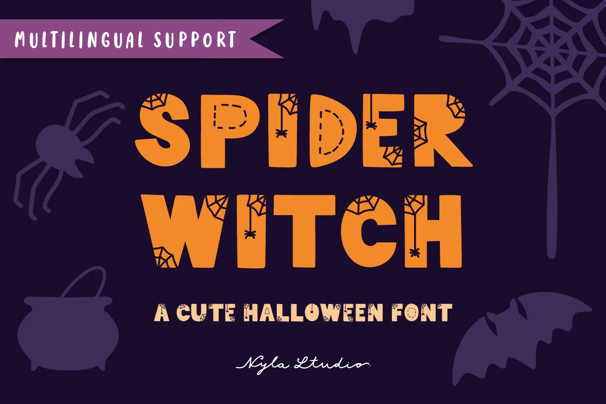 Spider Witch Font is a bold, rounded display typeface with uniform strokes, upright characters, and integrated spiderweb accents.