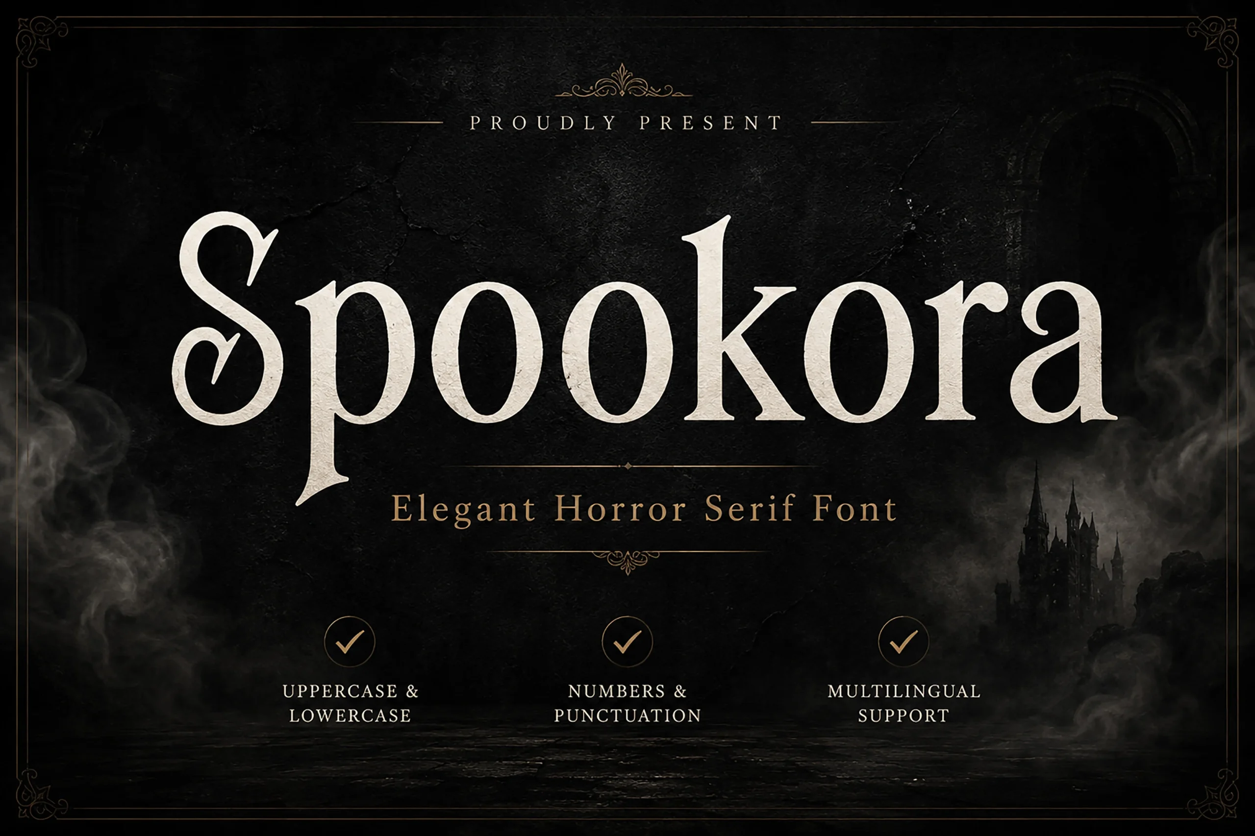 Spookora Font is a display serif with high stroke contrast, sharp triangular serifs, and a decorative swash on the initial uppercase S.