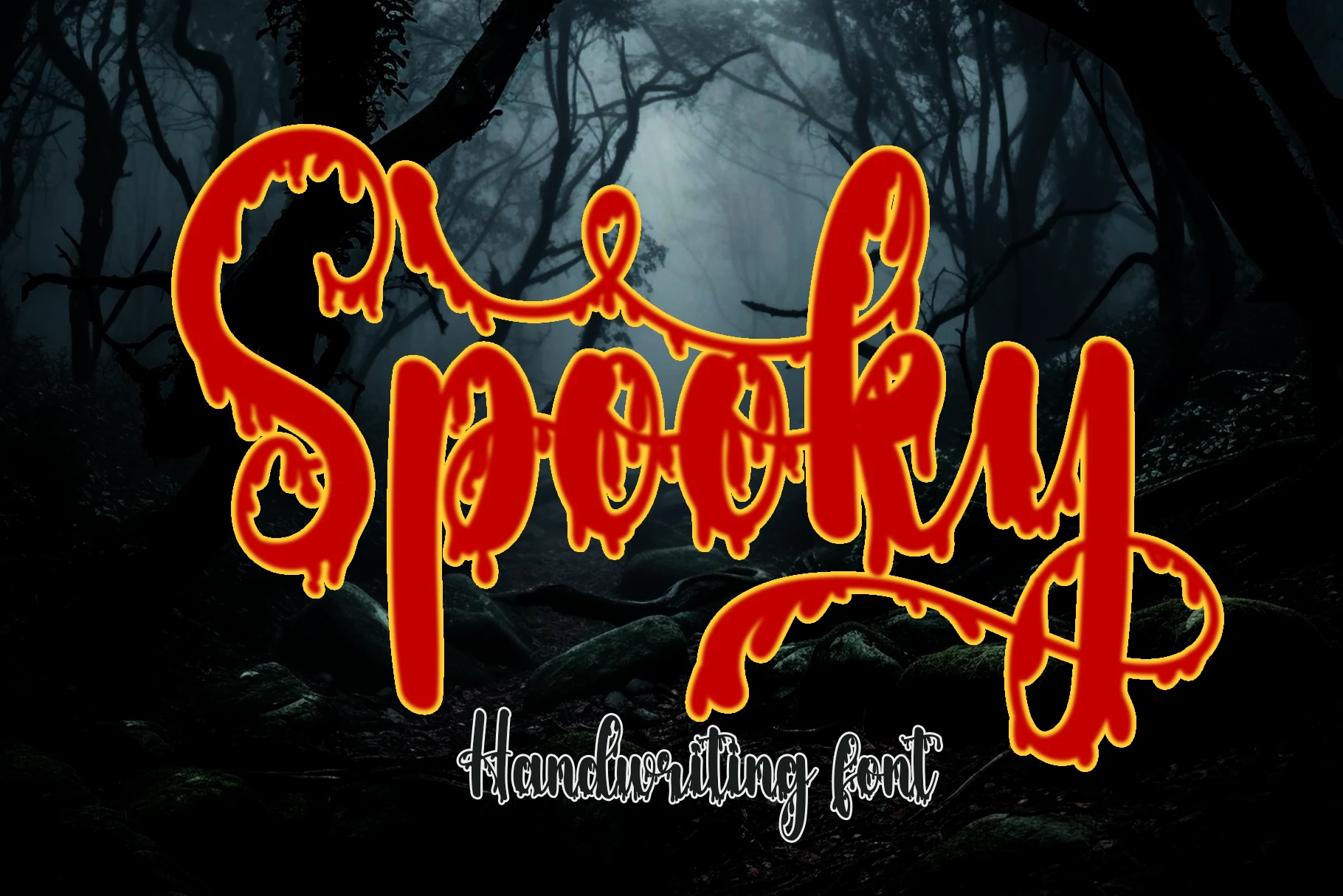 Spooky Font showing a bold connected script with dripping liquid strokes and extended decorative swashes.