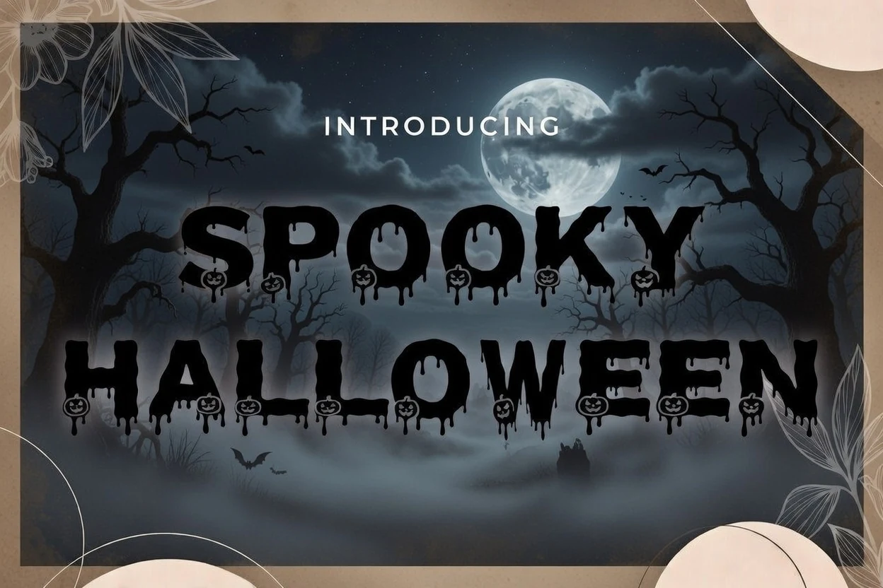 Spooky Halloween Font with heavy blocky letters, dripping lower edges, and integrated pumpkin silhouettes.