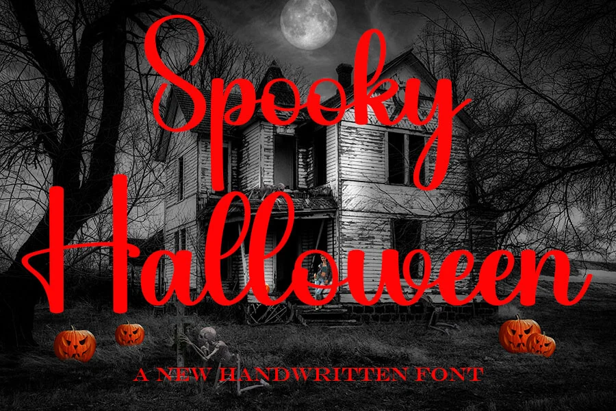 Spooky Halloween Font features large connected cursive lettering with consistent strokes, decorative loops, and a slight rightward slant.
