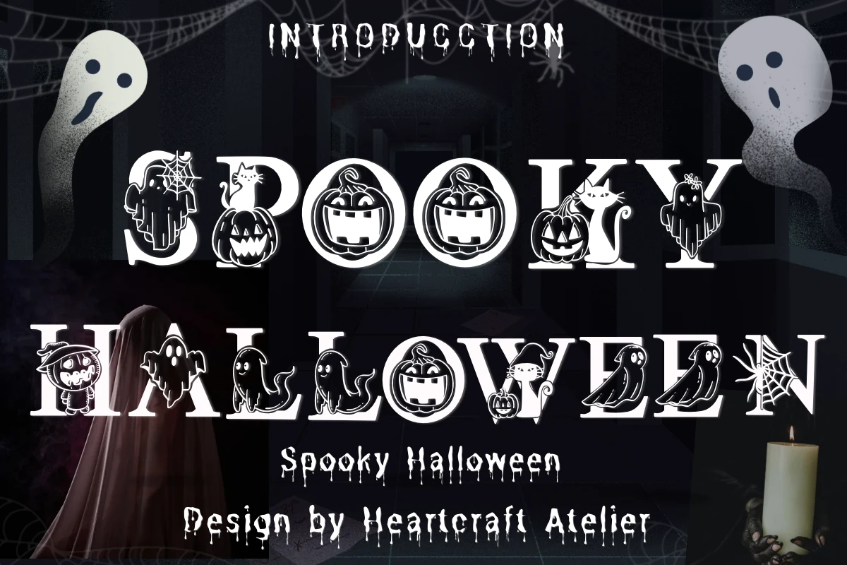 Spooky Halloween Font preview showing bold upright serif letters with sharp serifs and Halloween-themed silhouettes cut into the letterforms.