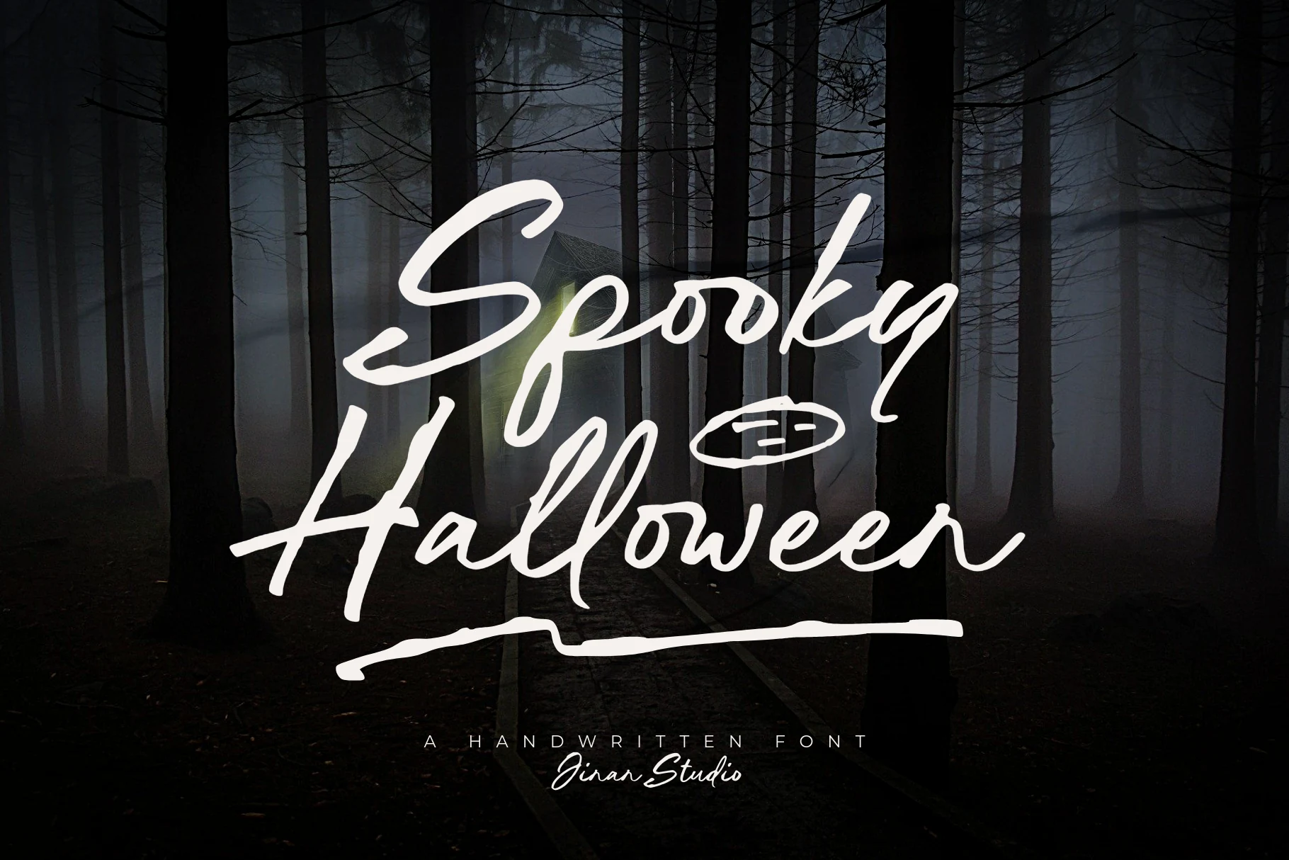 Spooky Halloween Font shown as a connected, right-leaning brush script with variable strokes and rough textured edges.