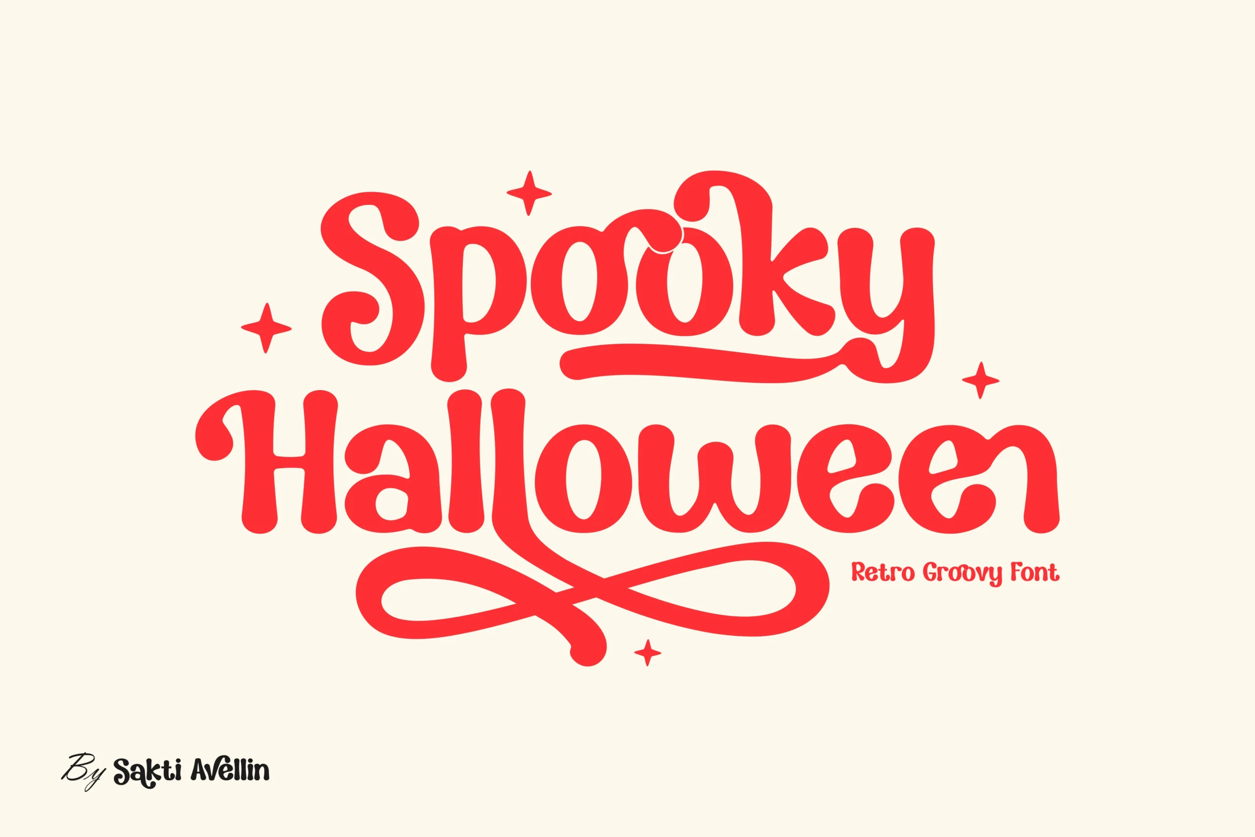 Spooky Halloween Font is a bold, rounded retro display script with flowing letterforms, curling swashes, and thick strokes.