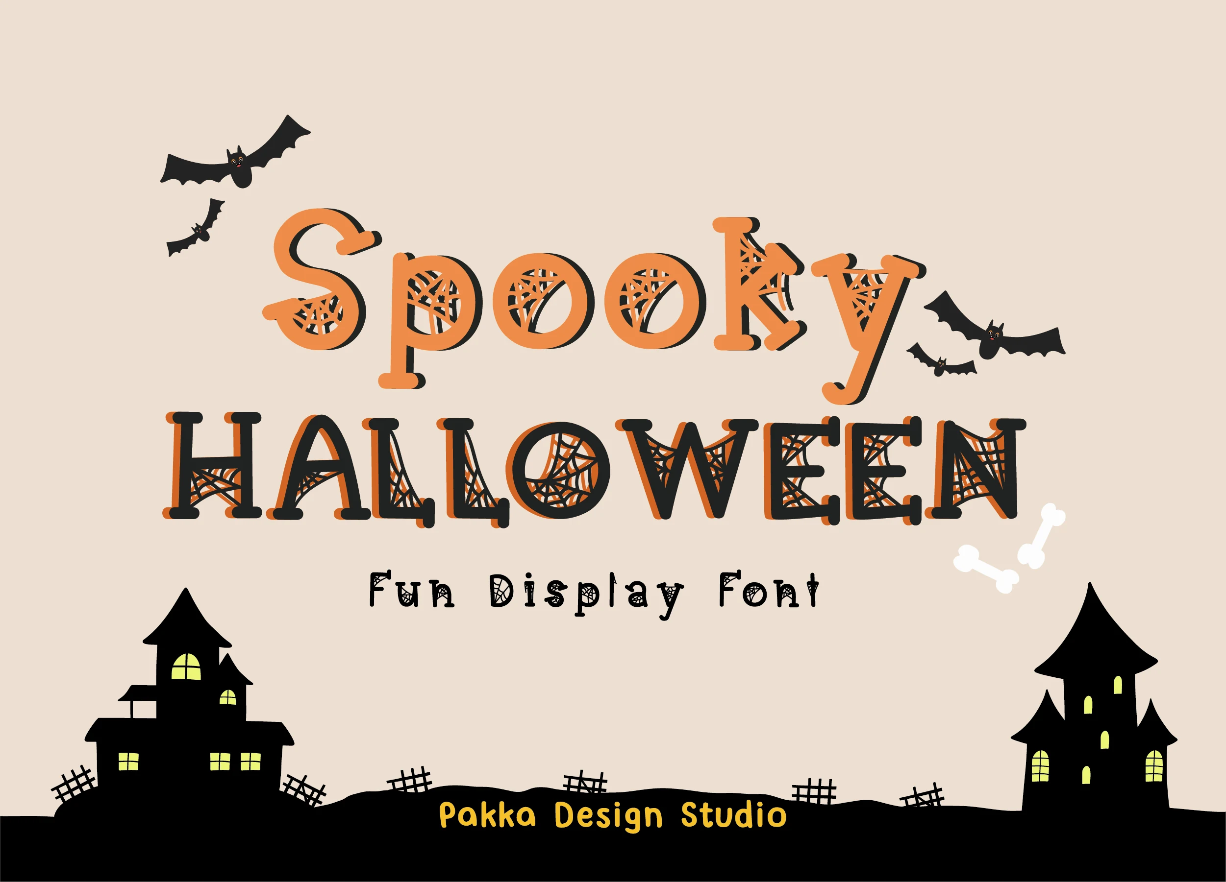 Spooky Halloween Font with heavy upright slab-serif letters, stencil-like cutouts, and webbed interior texture.