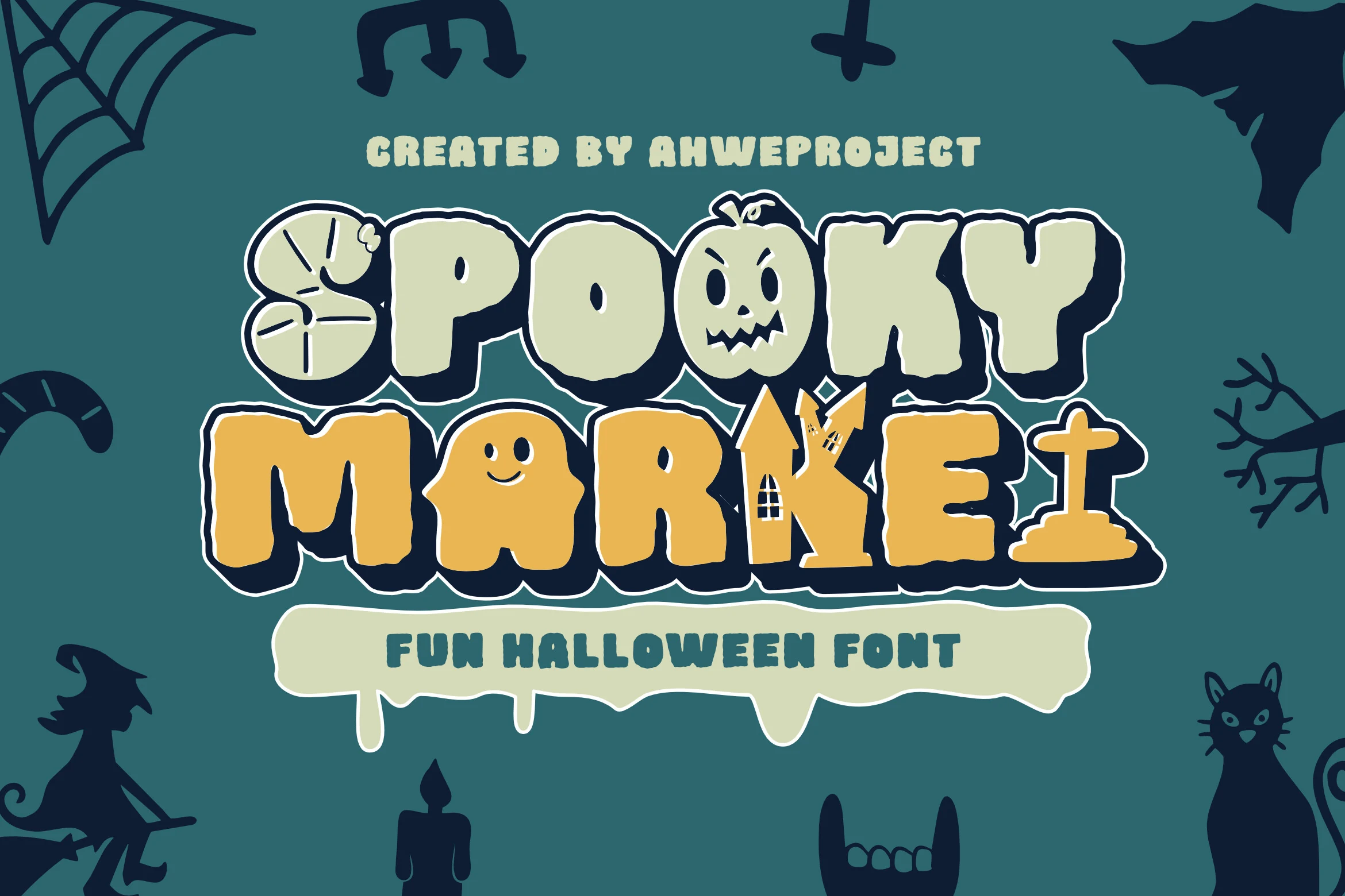 Spooky Market Font with bold rounded bubble letters, irregular organic edges, and integrated thematic icons.