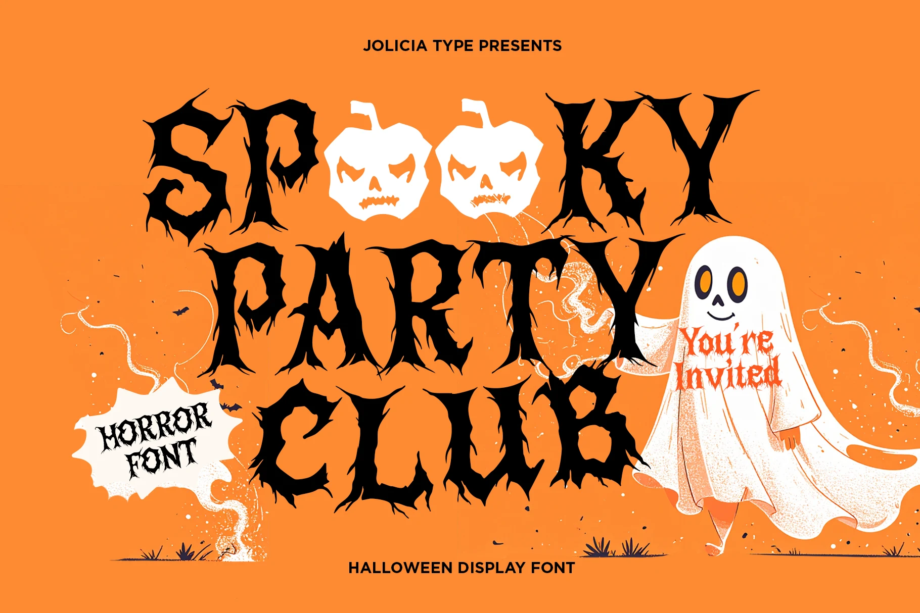 Spooky Party Club font with bold, jagged letterforms, thorny edges, and twig-like projections.