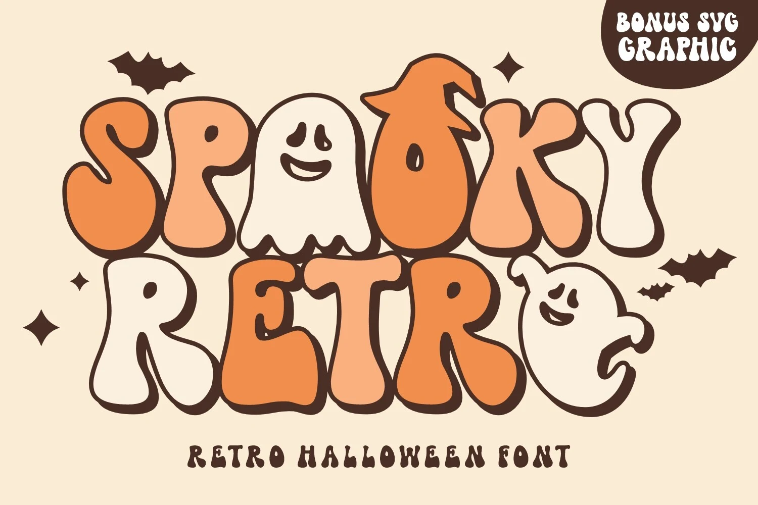 Spooky Retro Font with bold, rounded bubble lettering, thick strokes, and irregularly positioned overlapping characters.